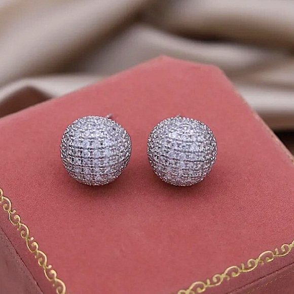 Silver Zircon Ball Earrings Luxury Exquisite White Gold Plated - Picture 3 of 5